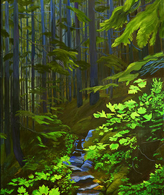 An oil painting of the Chilkoot trail in the Coast Forest by Yukon Artist Daphne Mennell. Part of the Yukon Permanent Art Collection.