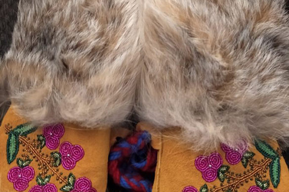 Fireweed Mitts made of tanned hide, lynx fur, and beads by Yukon artist Audrey Brown