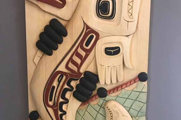 Pulling in the Net is a carving in yellow cedar by Yukon artist Violet Gatensby. Part of the Yukon Permanent Art Collection.