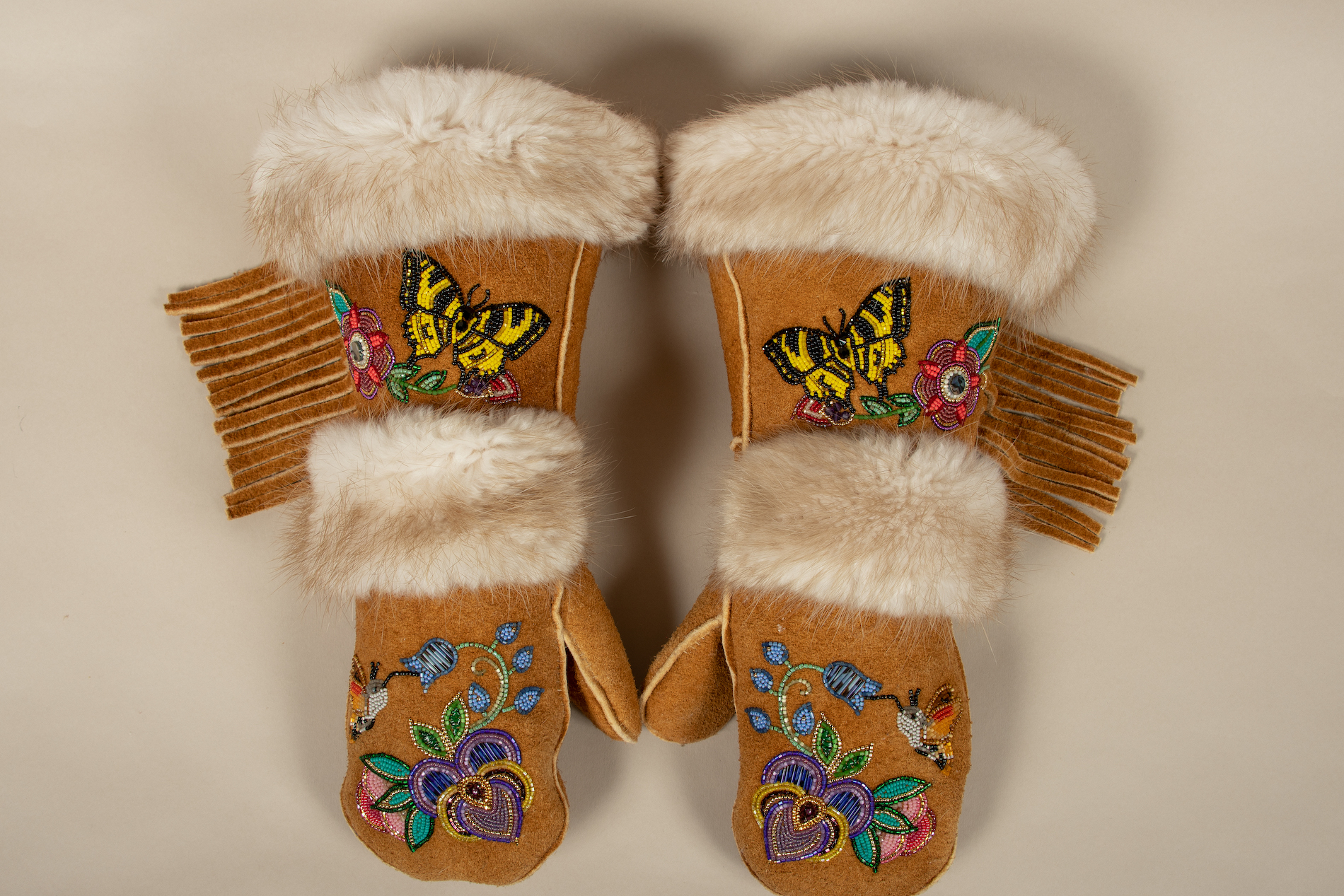Vashti Etzel Matriarch Gloves made from Home tanned moose hide and porcupine quills