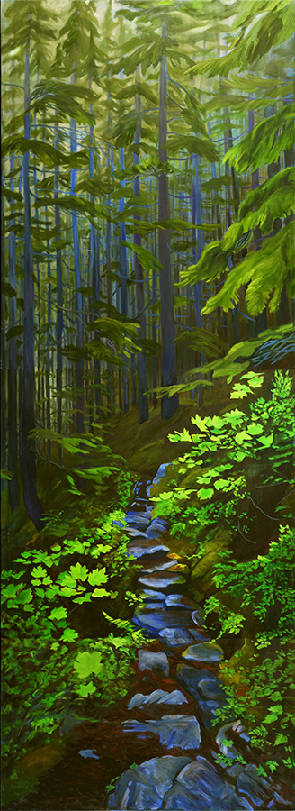 An oil painting of the Chilkoot trail in the Coast Forest by Yukon Artist Daphne Mennell. Part of the Yukon Permanent Art Collection.