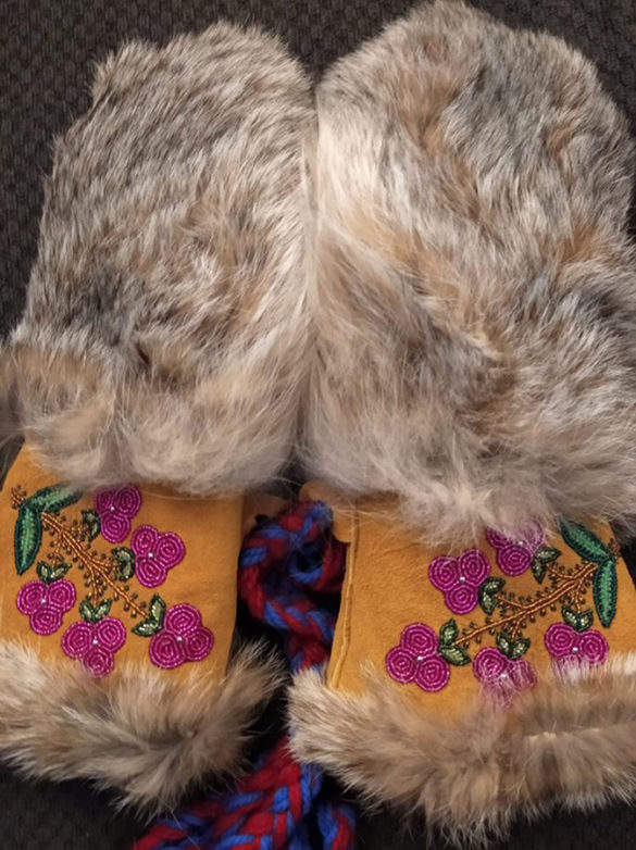 Fireweed Mitts made of tanned hide, lynx fur, and beads by Yukon artist Audrey Brown