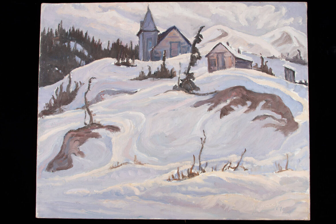 Church at Bennett Lake painted by Yukon Artist Maurice Haycock
